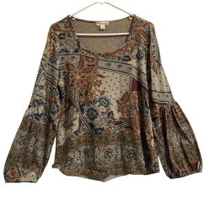 Women's WORLD UNITY Boho Floral Ruched Cuffed Bell Sleeve Top Size Large